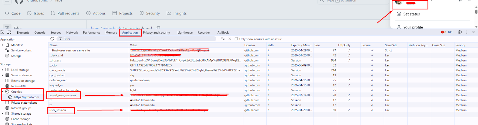 तस्विरः ब्राउजरबाट ‘user_session’ र ‘saved_user_session’ आईडी कपी गर्दै