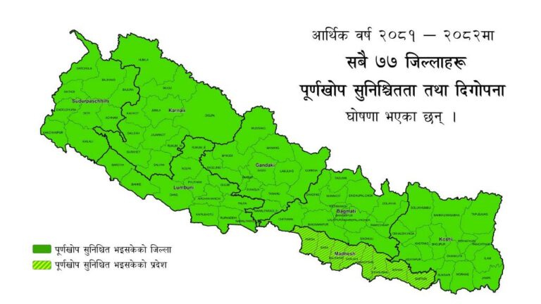 देशभरीका सबै जिल्लाहरू पूर्णखोप सुनिश्चतता तथा दिगोपना घोषणा