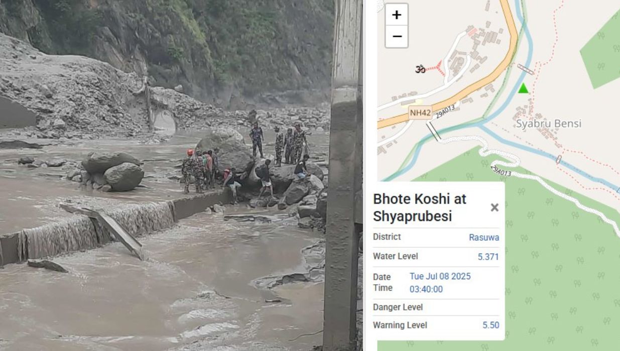 ३ महिनादेखि बन्द थियो रसुवा नाका नजिकैको बाढी मापन यन्त्र, स्याफ्रुबेशीको उपकरण बाढीले बगायो